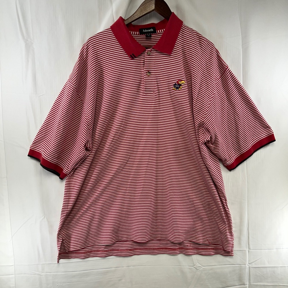 Kansas Jayhawks Ashworth Polo Shirt Mens XXL Red Striped NCAA Short Sleeve